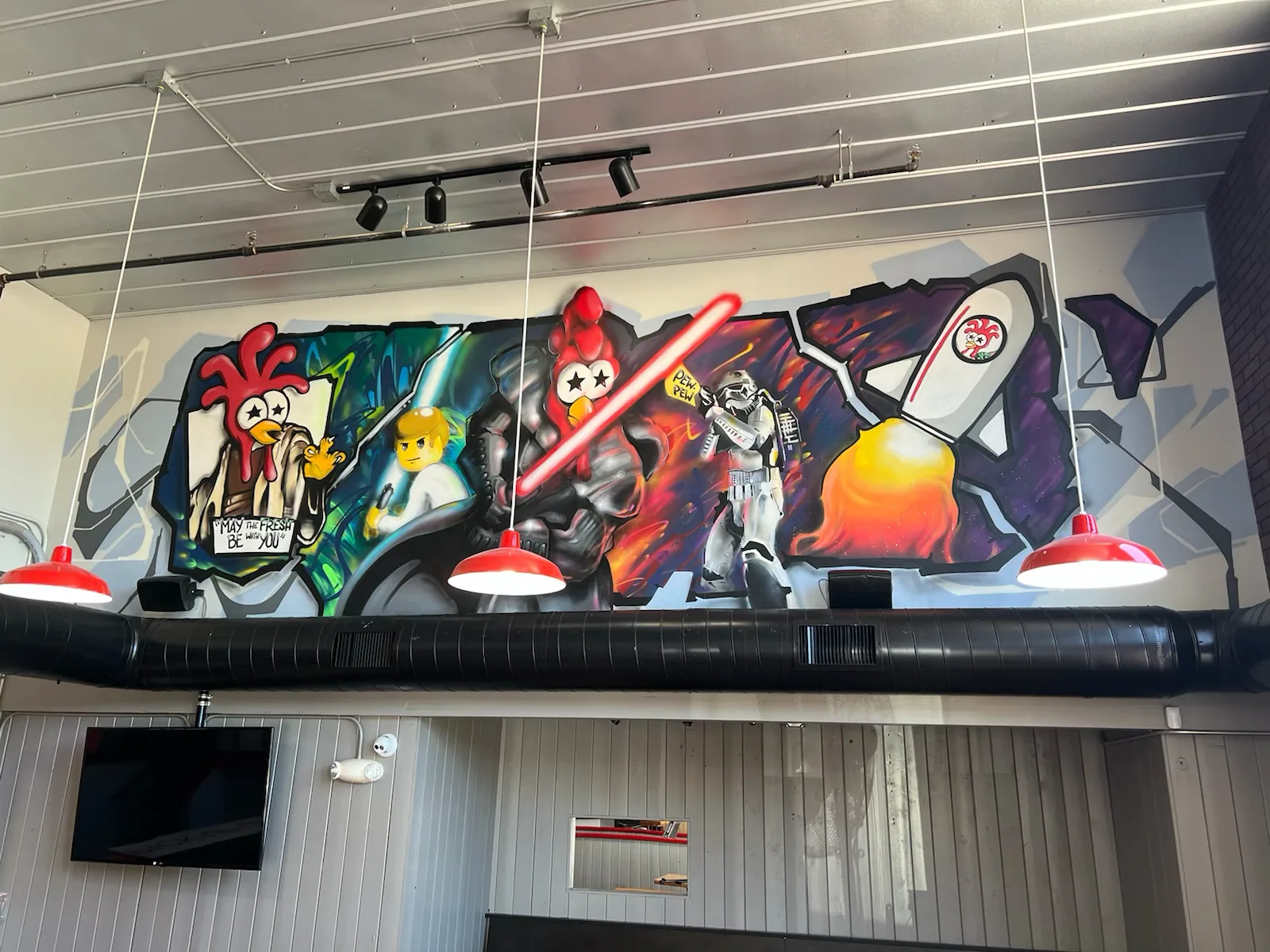MAMMXTH Cosmic Rooster interior chicken mural in Rancho Cordova
